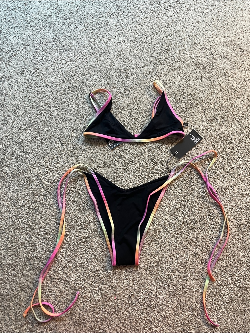 Black Tie-Side Bikini with Rainbow Trim - Women’s Swim Set